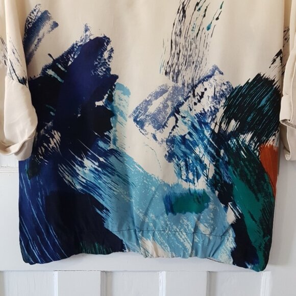 BCBG Maxazria Silk Jayne Abstract Print Short Sleeve Blouse Multi Color Top Sz S - Picture 10 of 10